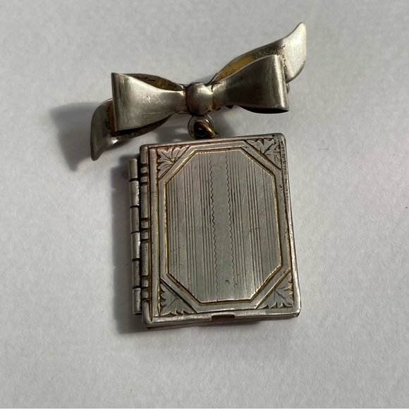 Sterling Silver Dangling Book Locket & Bow Pendant Brooch - 1 3/8" Tall - Picture 10 of 11